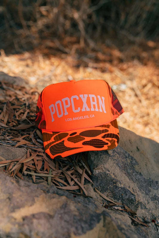 Popcxrn Logo Trucker Snapback Orange Camo